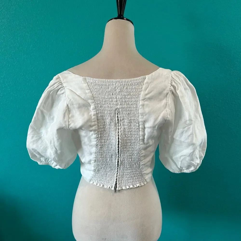 Reformation White Linen Cropped Top Puff Sleeve Smocked Chic Casual Size 10