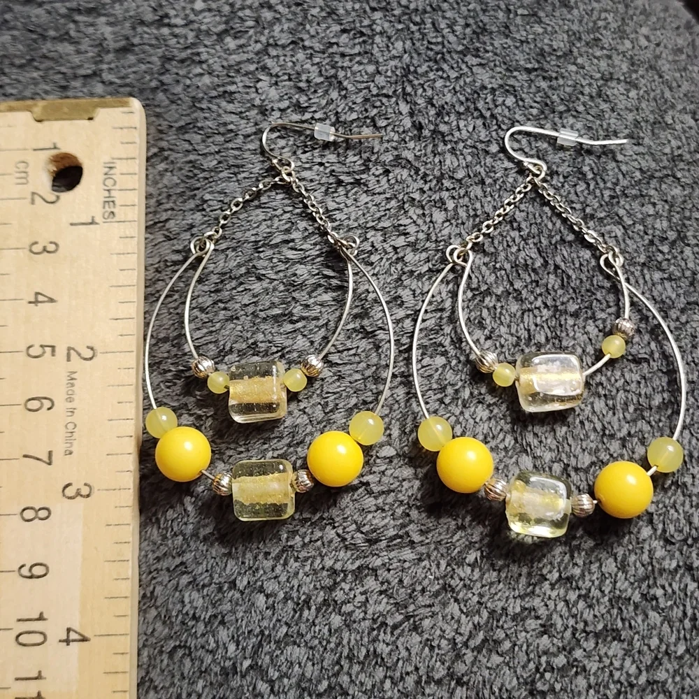 Silvertone Yellow Beaded Hoop Earrings