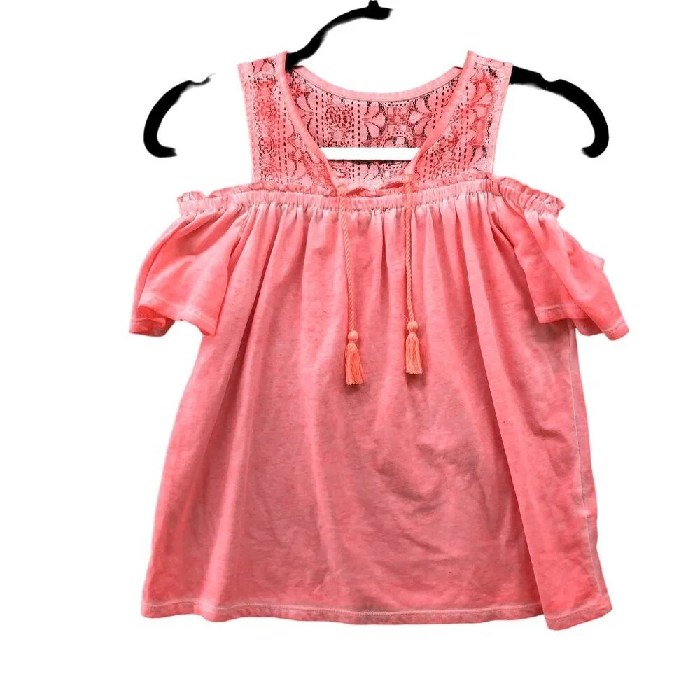 Justice Girls Size‎ 10 Summer Top Cold Shoulder Sunwash Pink Crochet Boho