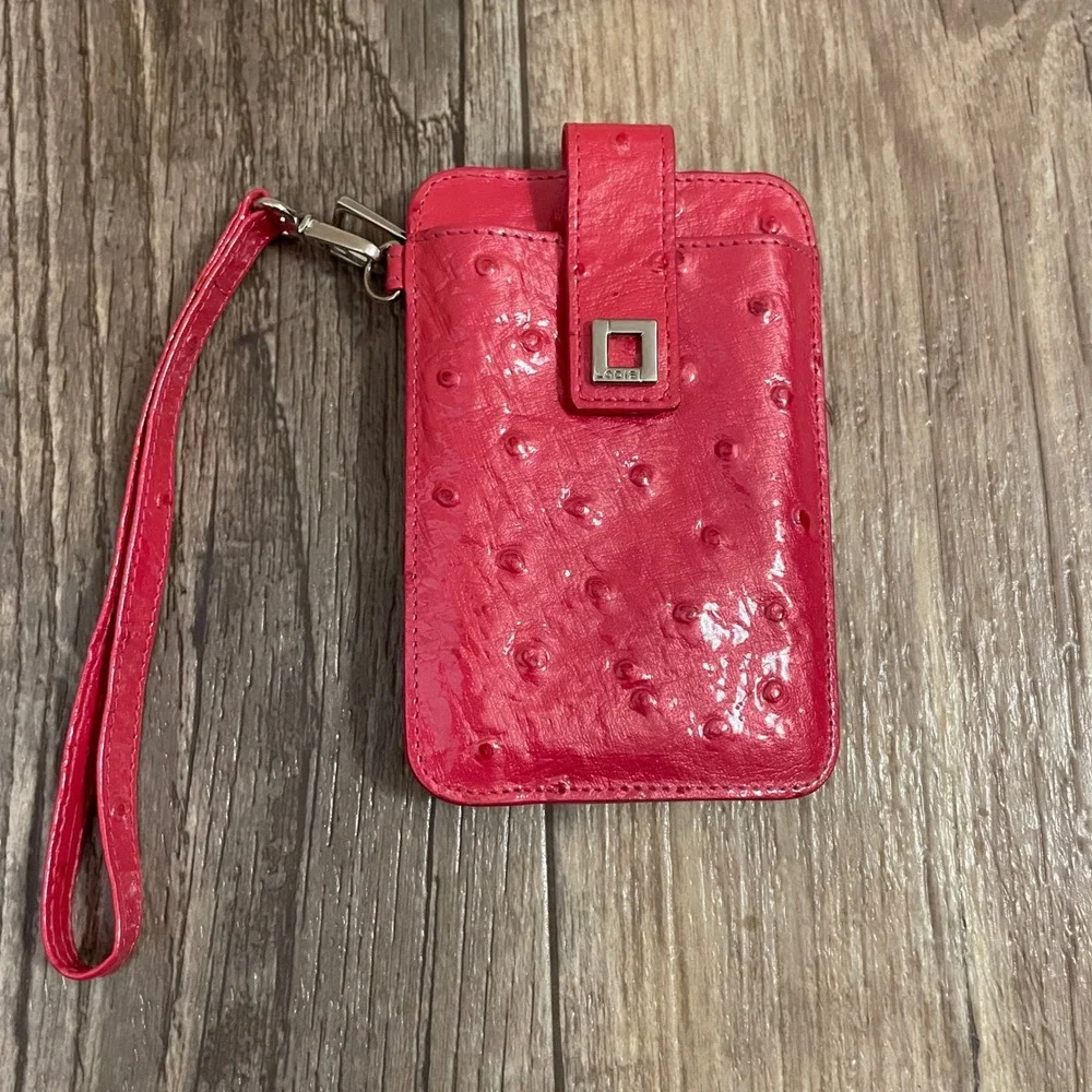 Lodis Pink Ostrich Embossed Leather Card Case Wristlet ID Wallet Zipper Pocket‎