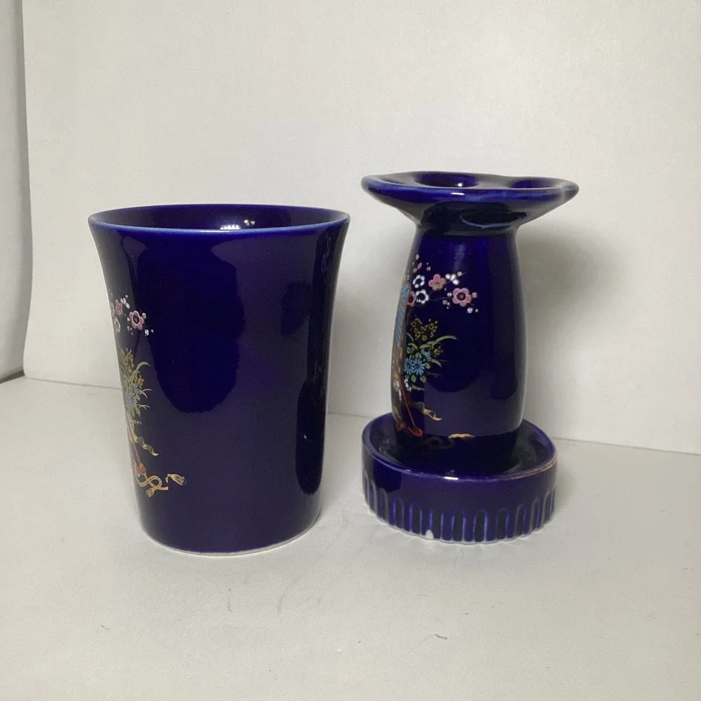 Vintage Cobalt Blue Japanese Porcelain Vanity Set Rickshaw Floral Tumbler Holder