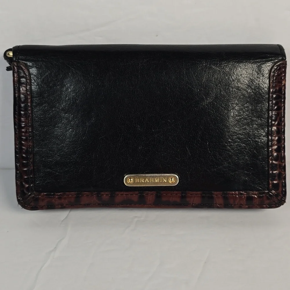 Brahmin Ady Tuscan Collection Wallet Black Leather Brown Croc Embossed Trim