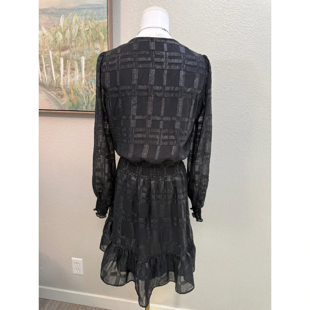 Michael Kors Black Silver Metallic Plaid Smocked Waist Ruffle Mini Dress S