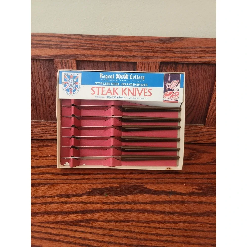 VINTAGE CUTLERY REGENT SHEFFIELD ENGLAND STAINLESS STEAK KNIFE SET IN BOX NOS