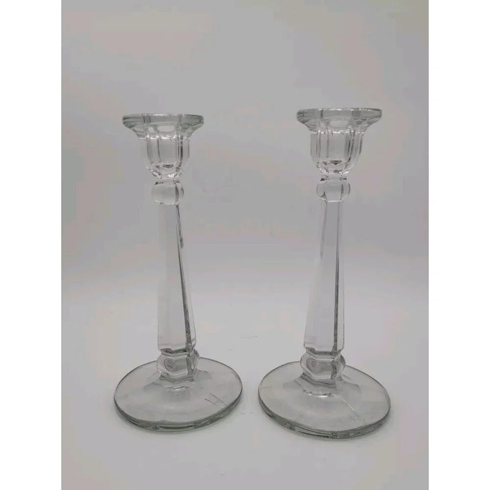 Vintage Cut Crystal and Etched Base Heisey Candlesticks 10 Inch With Diamond‎ H