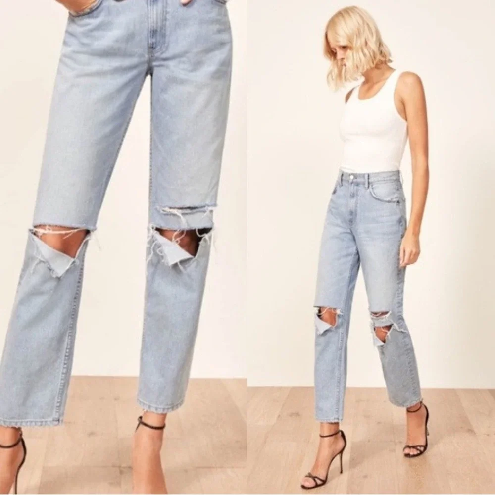 NWT Reformation Dawson Relaxed Jean Skye Destroyed Light Wash Denim Jeans 25
