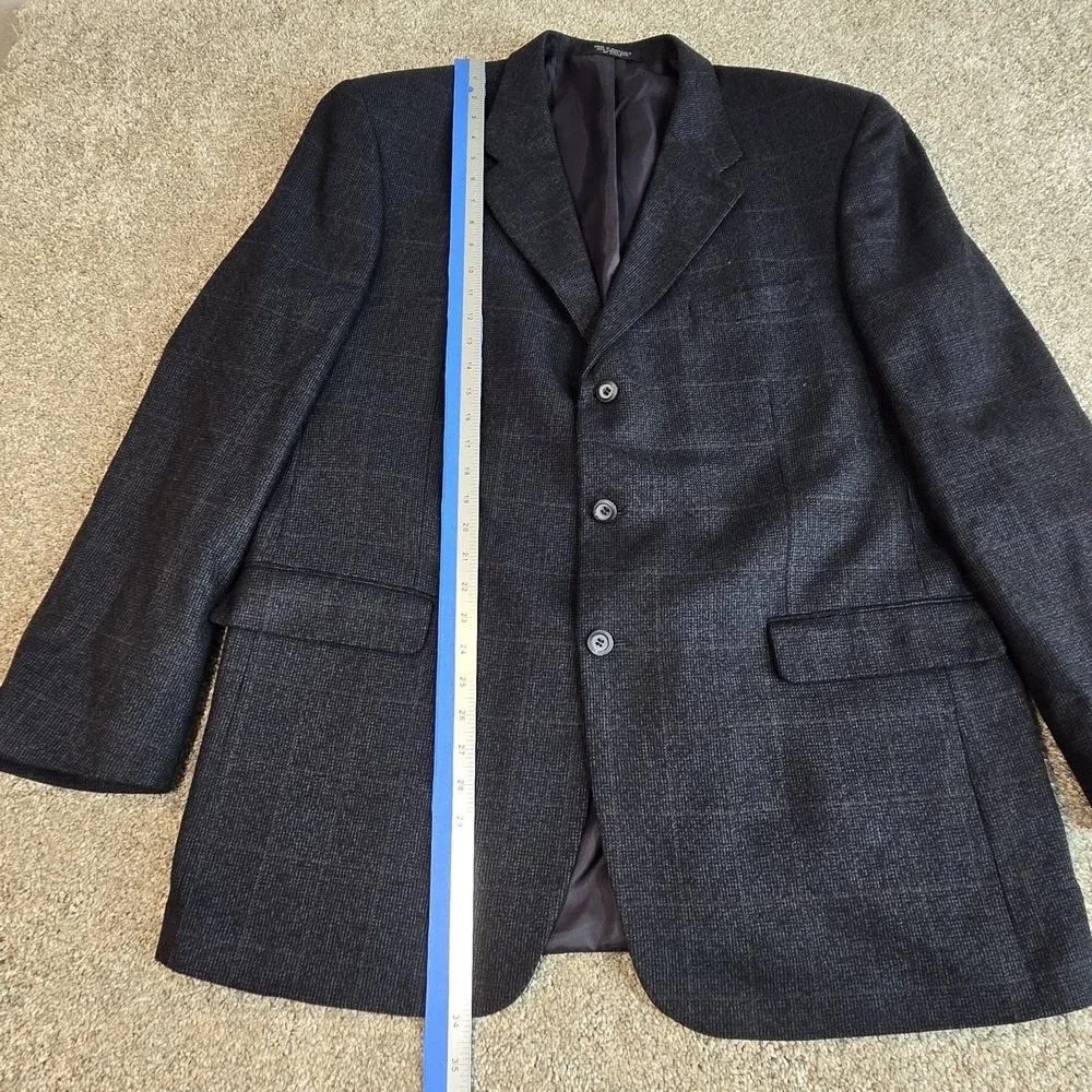 Jones New‎ York Sport Coat Mens 46L Black Blue Tweed  Plaid Lambs Wool 3 Button