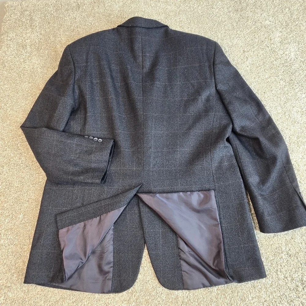 Jones New‎ York Sport Coat Mens 46L Black Blue Tweed  Plaid Lambs Wool 3 Button