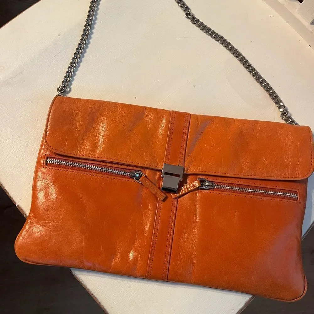 IRIS TYLER Elegant Tan Leather Shoulder Bag; measurements: 12x7 & 24 “ chain