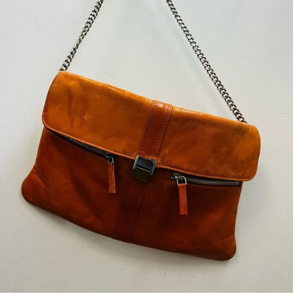 IRIS TYLER Elegant Tan Leather Shoulder Bag; measurements: 12x7 & 24 “ chain