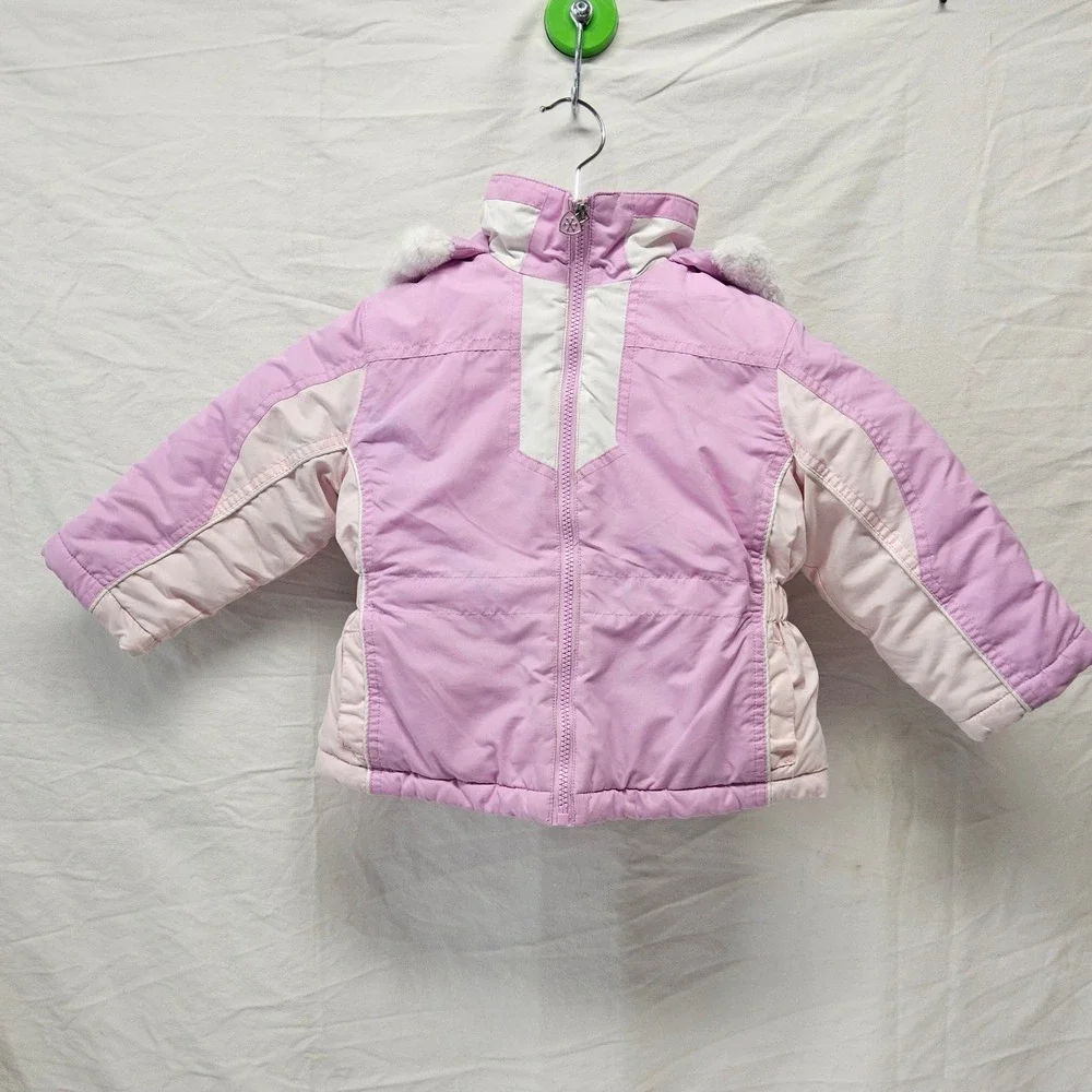 London Fog Puffer Jacket Kids 4T Pink Colorblock Faux Fur Hood Full Zip Coat