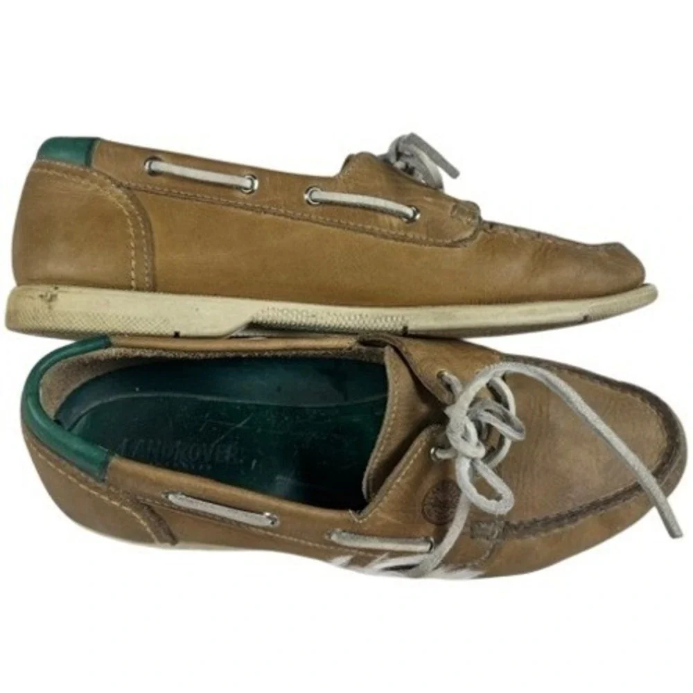 Landrover Boat Shoes Men 10 M Tan Leather All Terrain Green Accent Deck Loafers