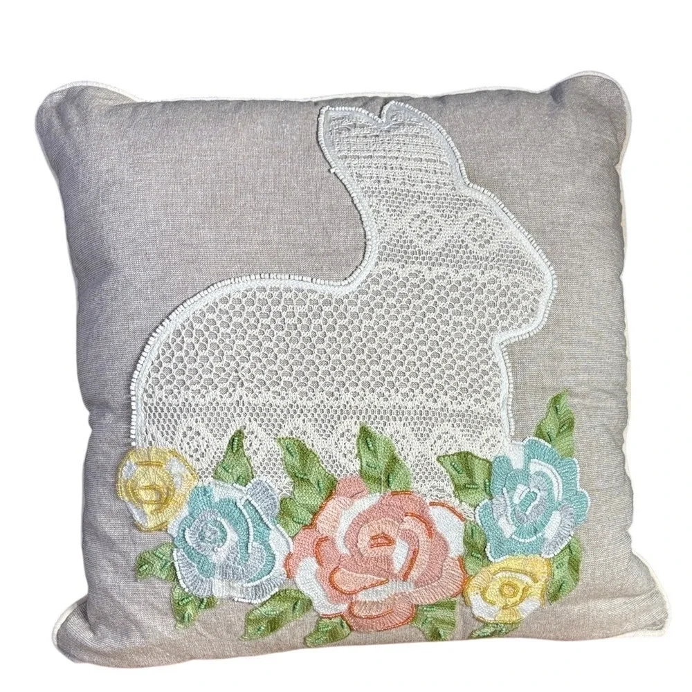 Embroidered Bunny w/Roses Throw Pillow Easter Lace‎ Beaded Removable Cover 17