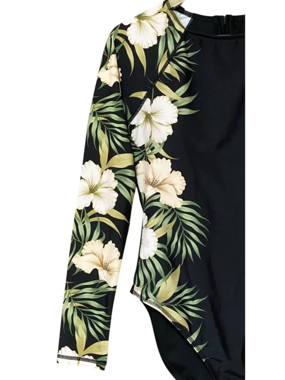 Hurley Womens L Black Floral Long Sleeve One Piece Swimsuit UPF 50 Surf