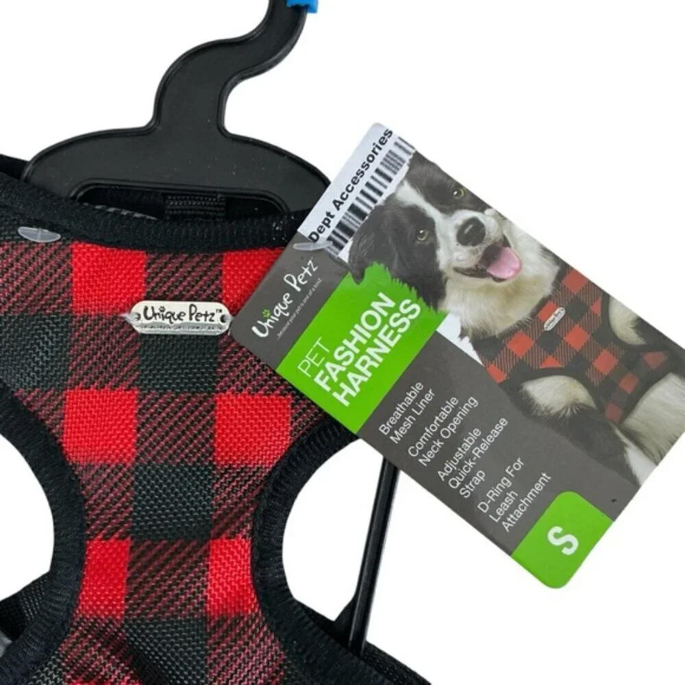 Unique Petz Dog Small Harness Adjustable Comfy Tartan Plaid Red Black SZ S