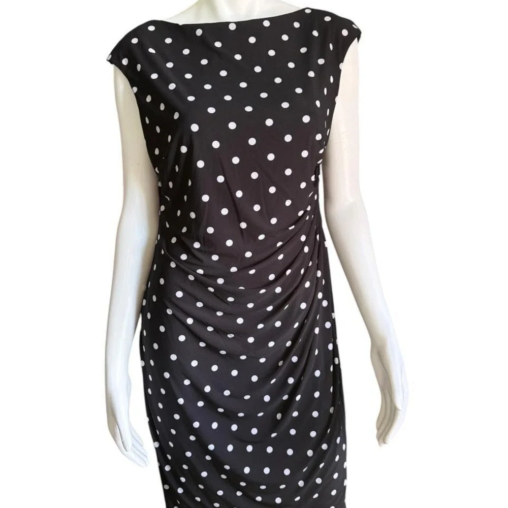 Lauren Ralph Lauren Polka Dot Ruched Dress Old Money Coquette Pin Up Midi