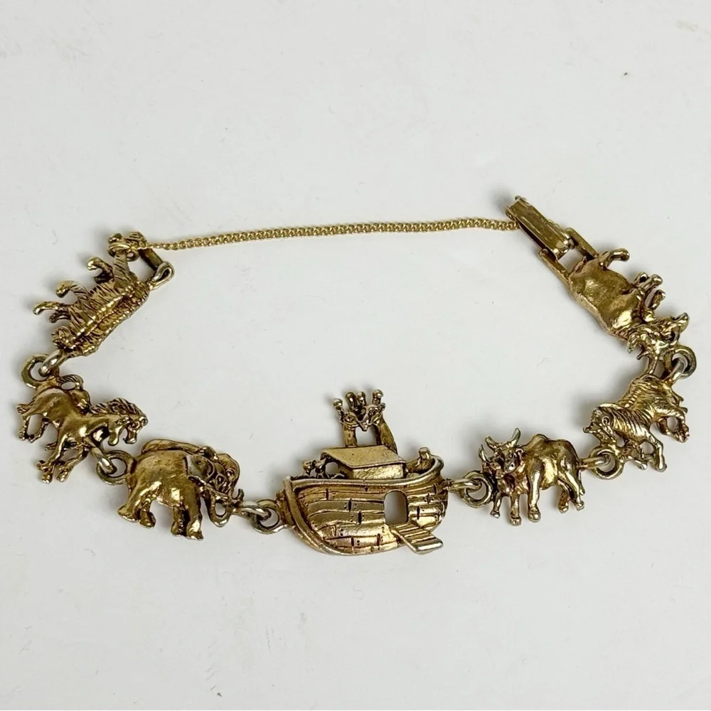Noah’s Ark Baby Bracelet Gold Plated Safety Chain Bible Animals Old Testament