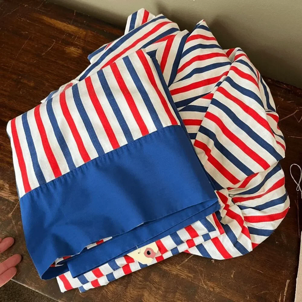 VTG Pequot Nautical Stripe Sheet Set Full Coastal Preppy USA Muslin