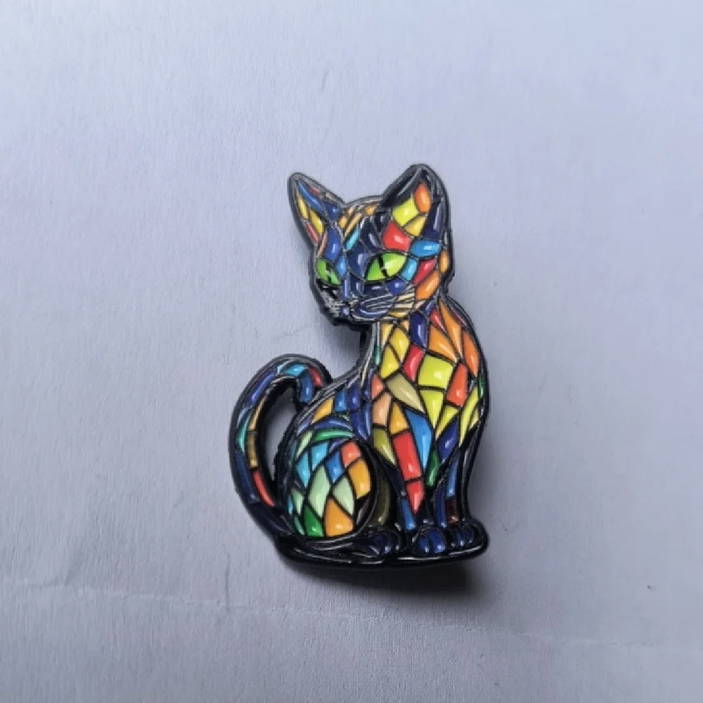Multicolor Mosaic Cat Enamel Pin - Colorful Cat Accessory