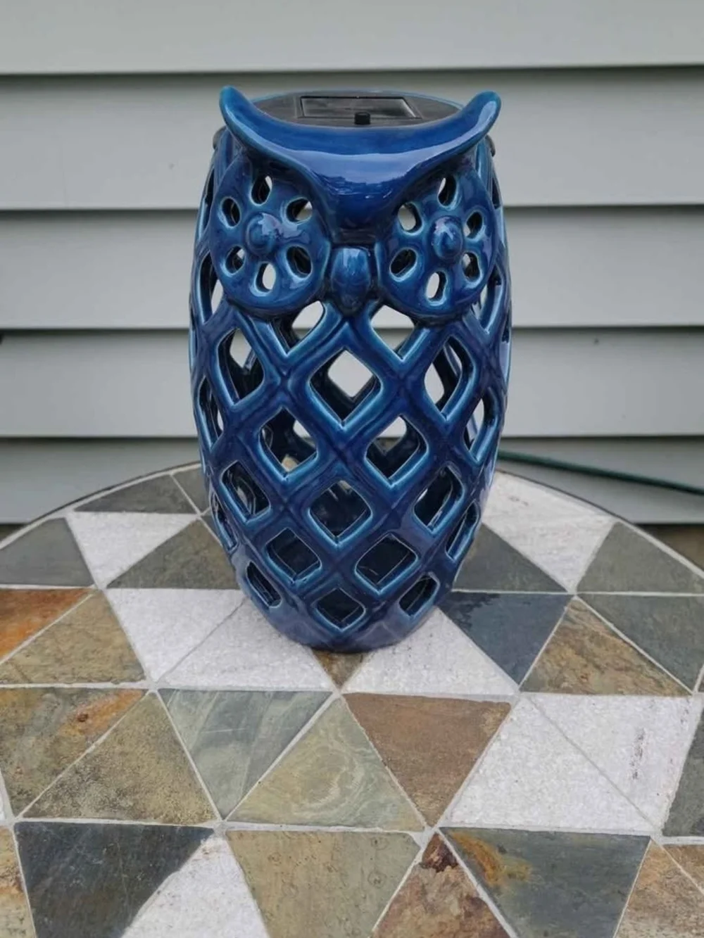 Blue Ceramic Owl Lantern - Decorative Outdoor Solar Light Accent