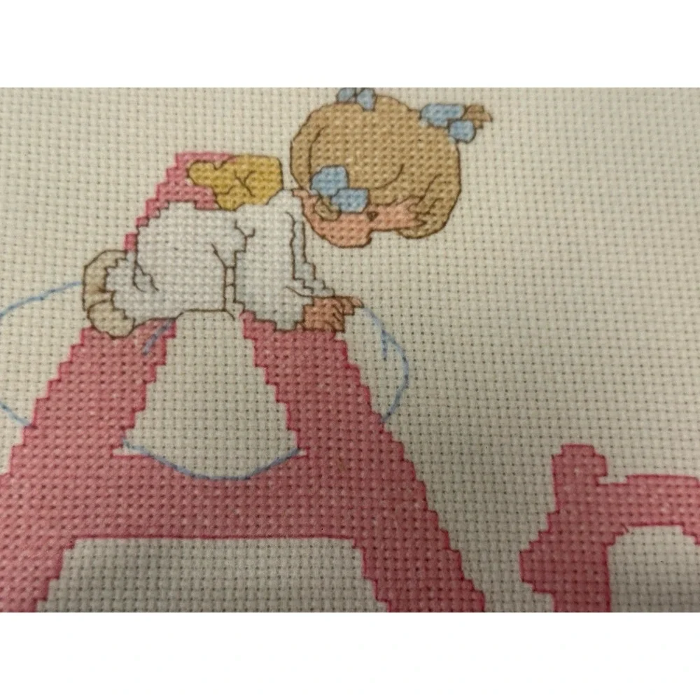 Needlepoint Angel Wall Art Framed Plaque Hanging Handmade Cross-stitch Pink