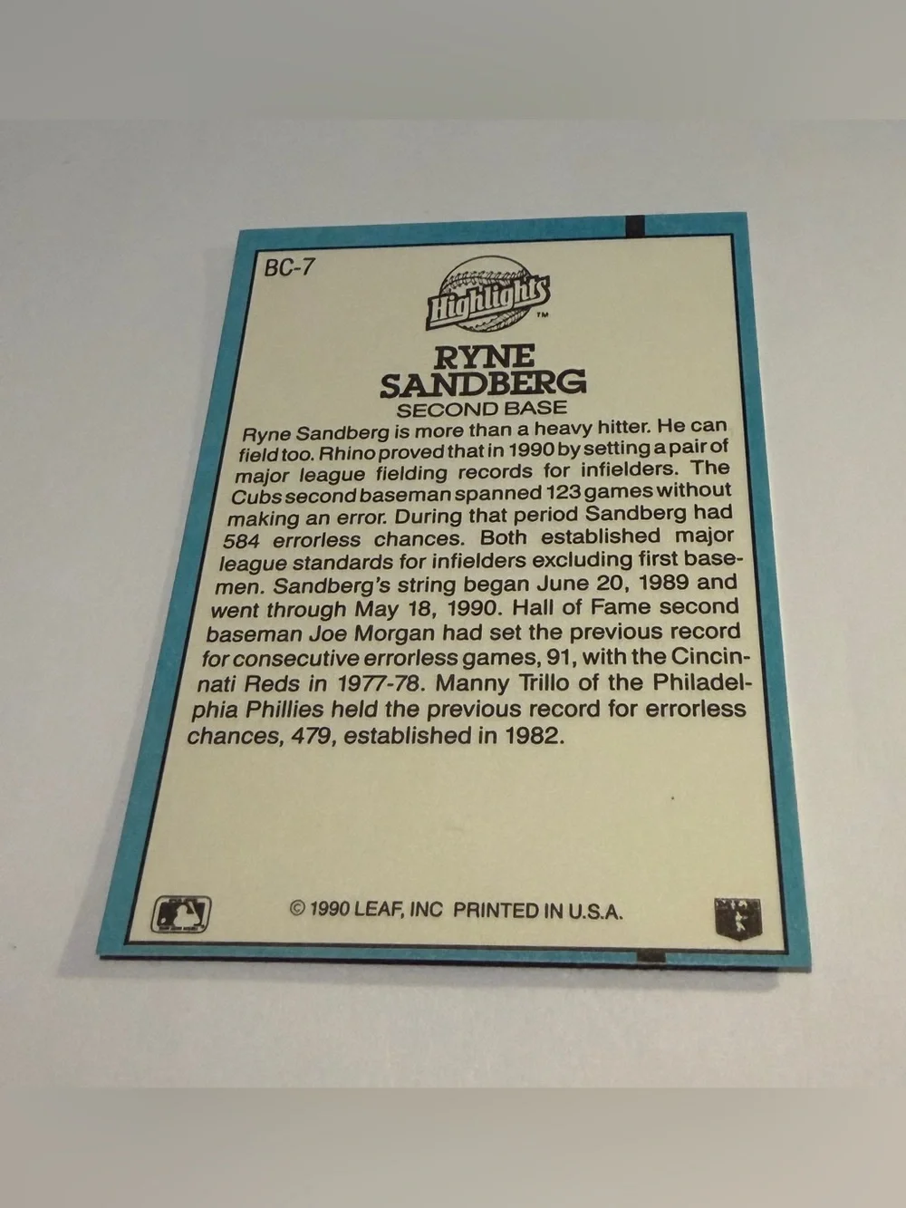 1990 Donruss Baseball Card ryne sandberg