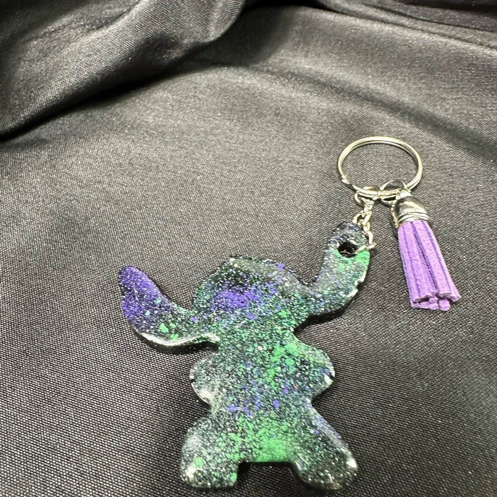 Glitter Purple & Green Stitch-Inspired Keychain with Tassel