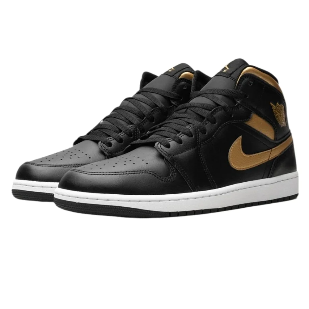 Air Jordan 1 Mid Sneakers Black/White/Metallic Gold
