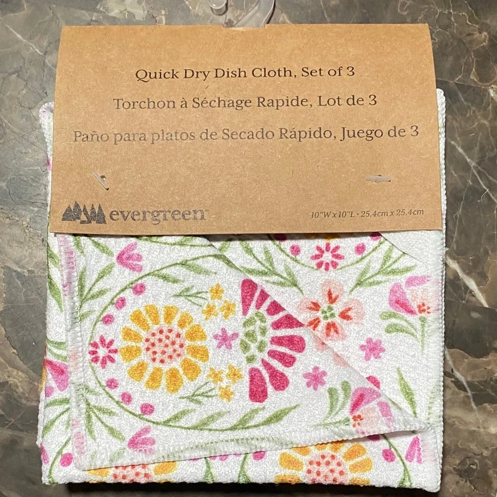 3 Evergreen Quick Dry Floral Dish Cloths - Pink, Yellow, Green