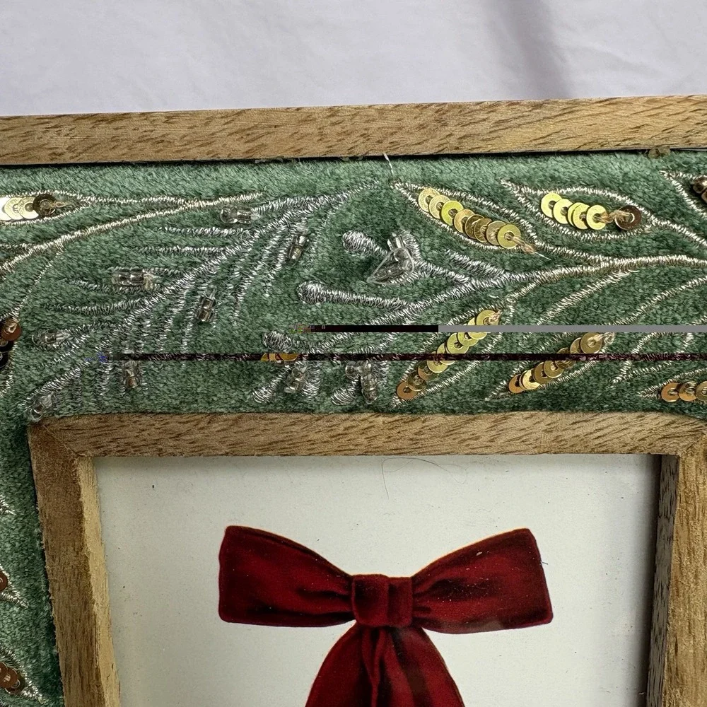 Handcrafted Beaded Fabric Sequin Green Gold Picture Frame 4x6