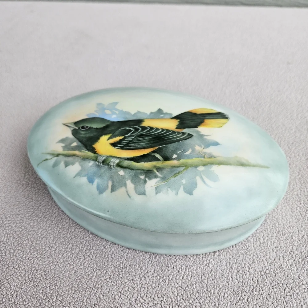 VTG Handpainted Ceramic Jewelry Trinket Box Bird Baltimore Oriole Oval 7