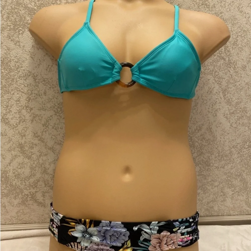 No Boundaries Seafoam Bikini with Floral Black Bottom