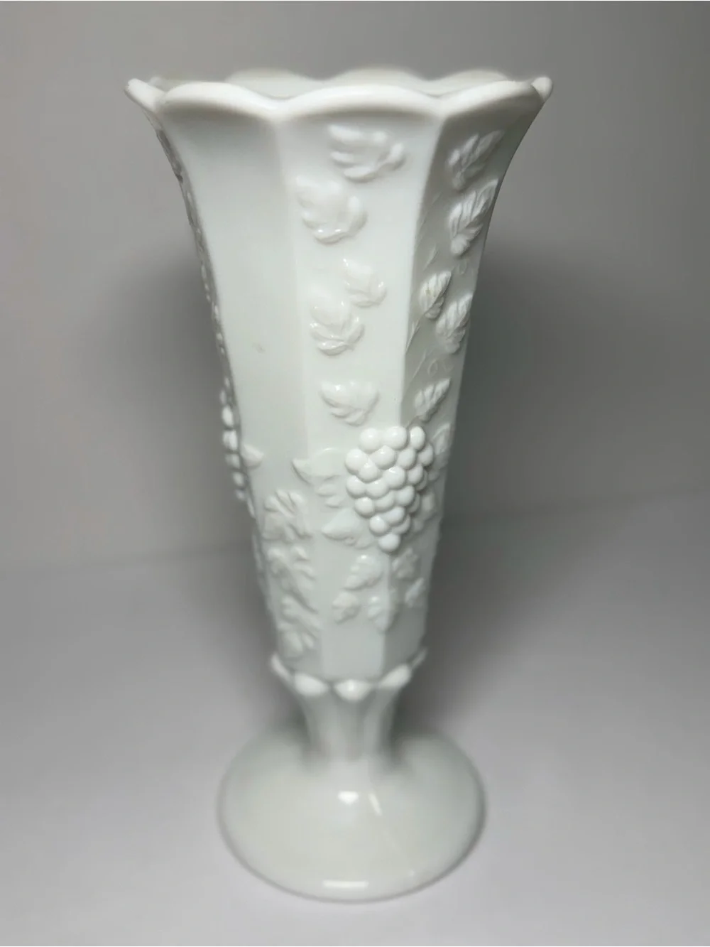Vintage Westmoreland Paneled Grape milk glass pedestal Vase.