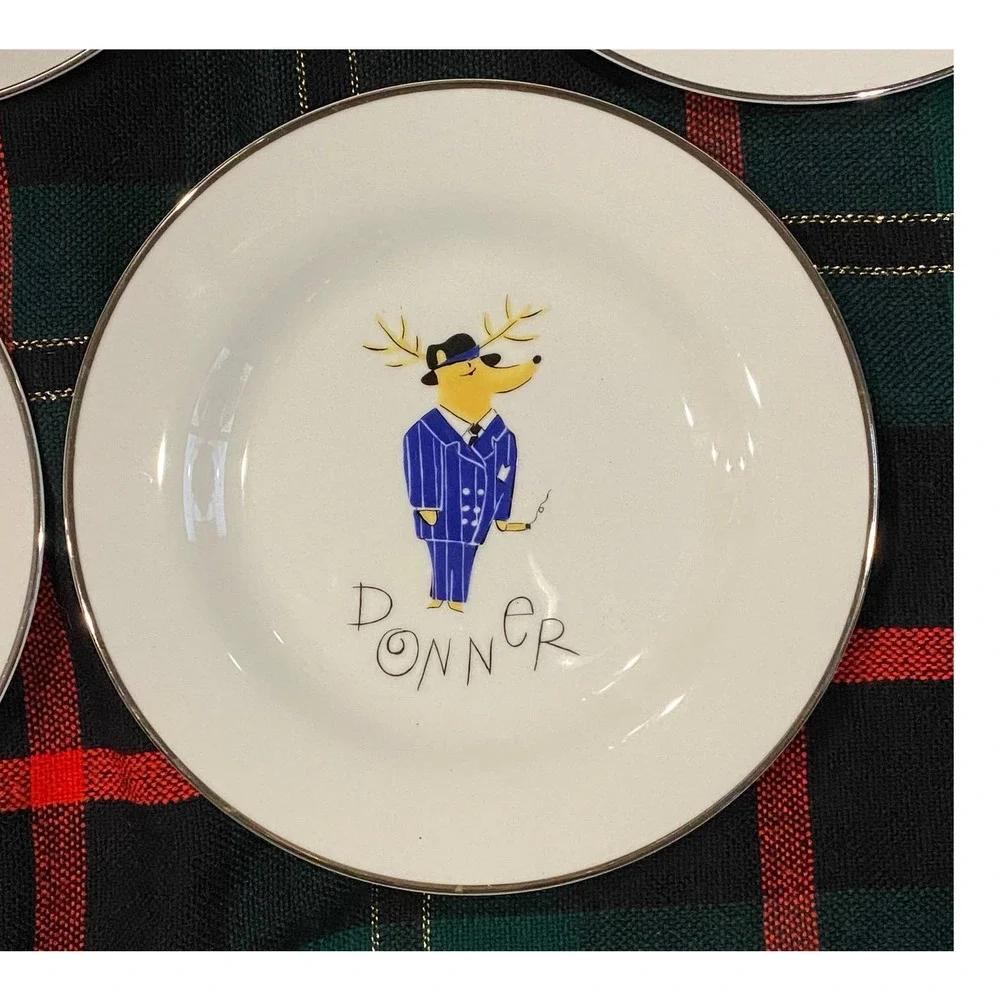 Pottery Barn REINDEER DONNER Salad Plates 8-1/2”‎ White Porcelain MINT!