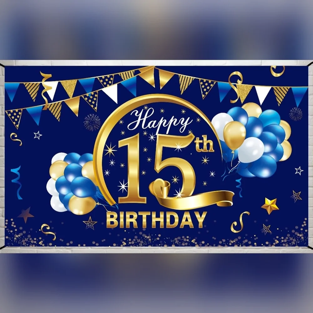 Blue and Gold 15th Birthday Banner