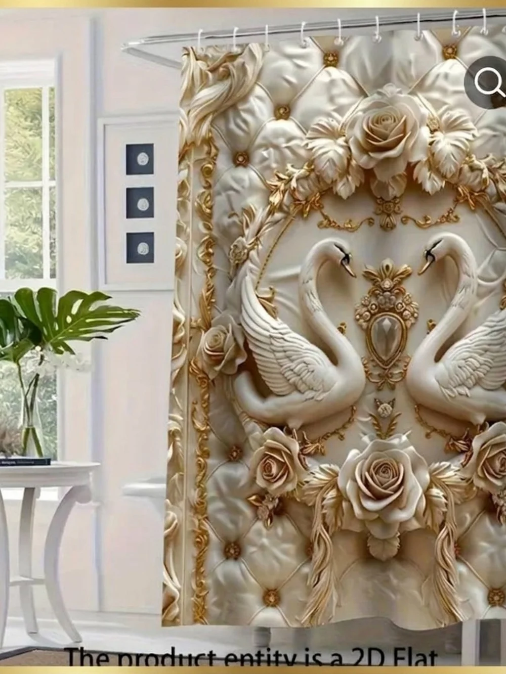 Luxury 2D Swan in Ivory and Gold - Elegant Bathroom Shower Curtain w/Hooks