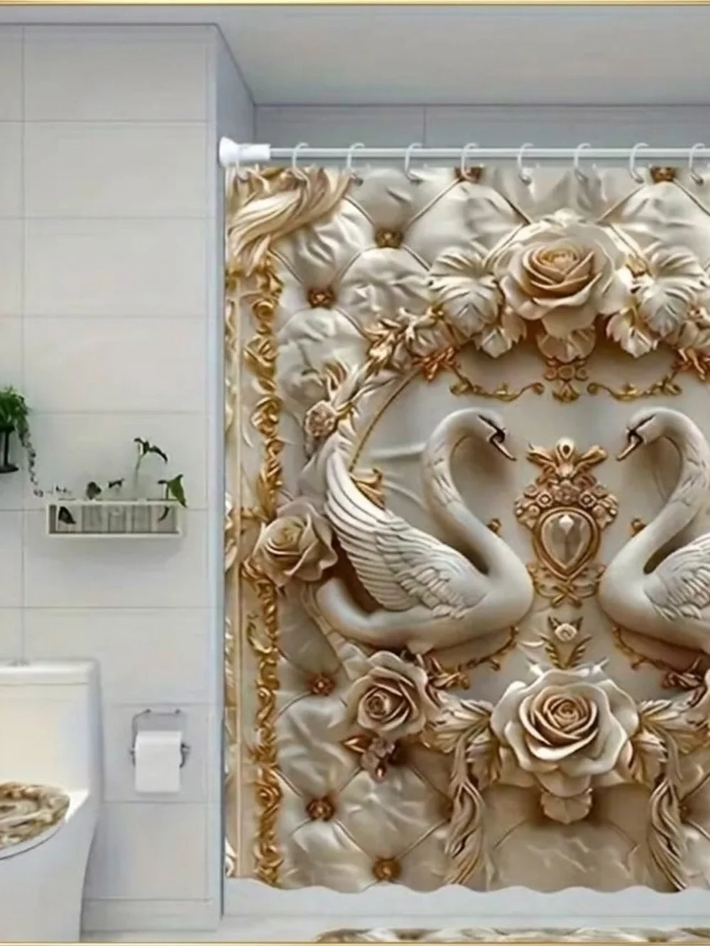Luxury 2D Swan in Ivory and Gold - Elegant Bathroom Shower Curtain w/Hooks