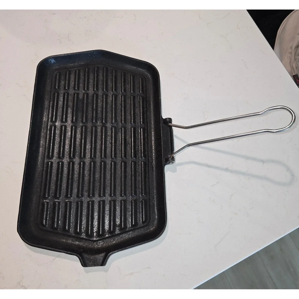 LLSA Italian Cast Iron Grill Pan Sage Green Enamel Folding Handle France 13 x 8