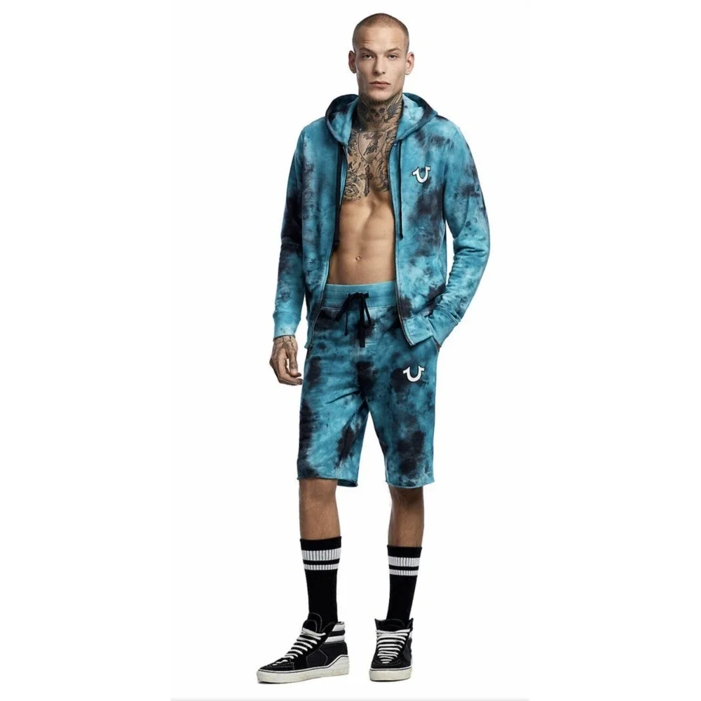 True Religion Men's Tie Dye Activewear Sweat Shorts Full Zip Hoodie Turquoise‎