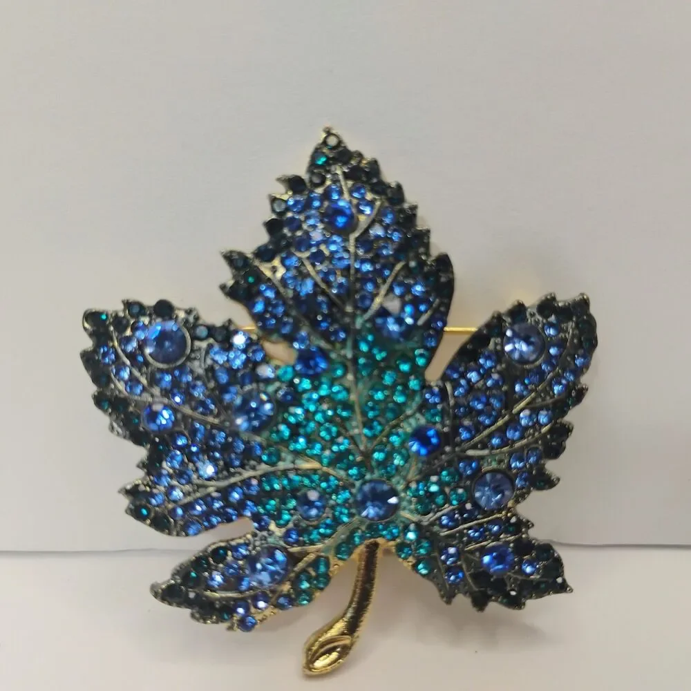 Maple Leaf Brooch Blue Shades Rhinestones Fashion Pin Jewelry Autumn Statement