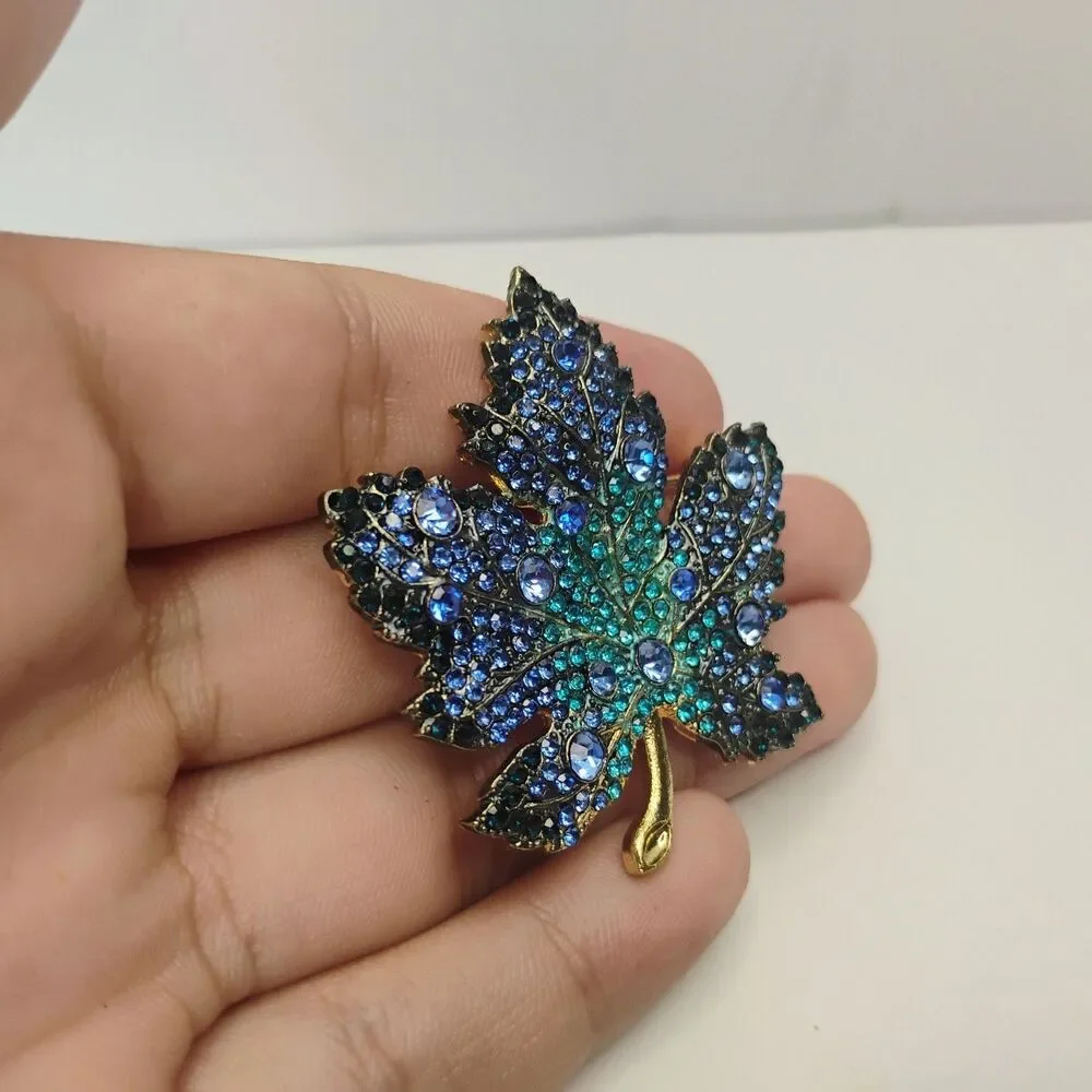 Maple Leaf Brooch Blue Shades Rhinestones Fashion Pin Jewelry Autumn Statement