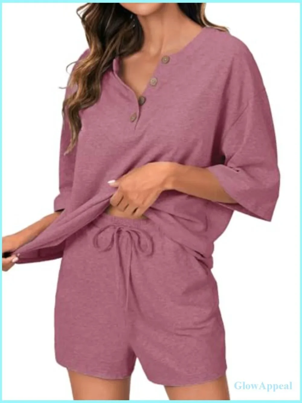 3/4 Sleeve Button Down Pajama Set with Pockets - Soft Lounge Shorts Top