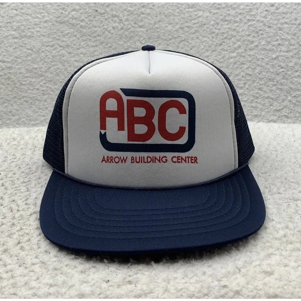 VTG ABC Trucker Hat Mens Snapback Foam Mesh Blue White Arrow Building Center Dad