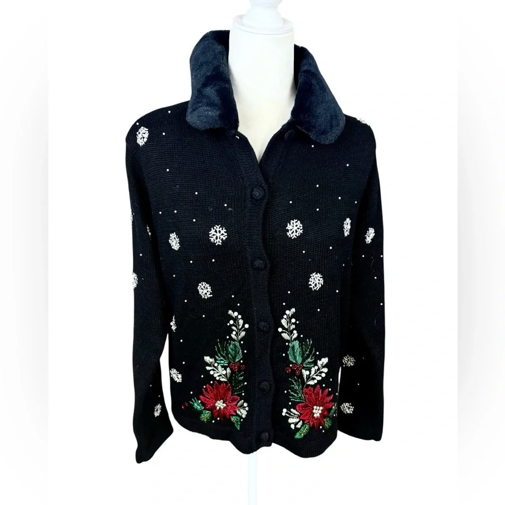 Victoria Jones Sweater Womens Size P/M Black‎ Wool Fur Collar Christmas Cardigan