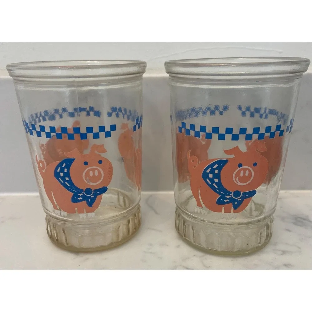 Vintage Bama Jelly Juice‎ Glasses with Little Pigs, set of 2