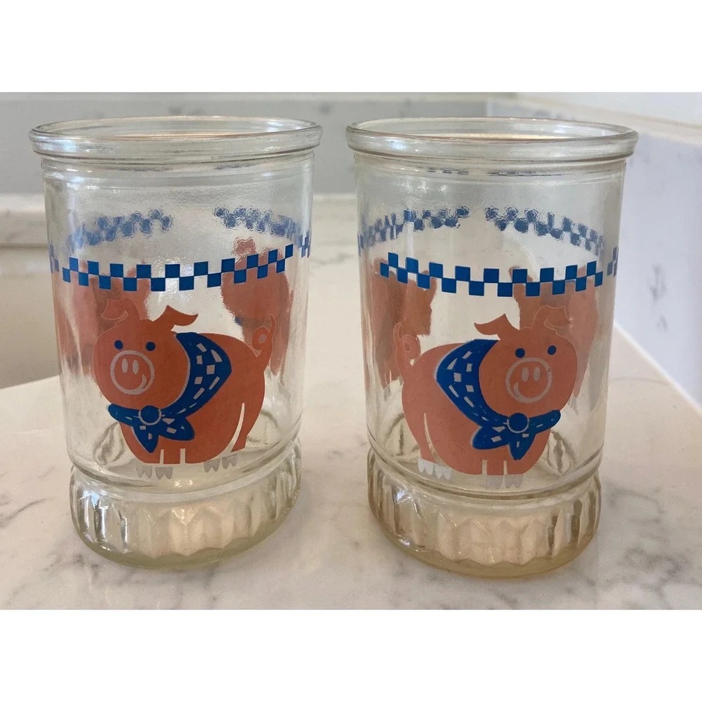 Vintage Bama Jelly Juice‎ Glasses with Little Pigs, set of 2