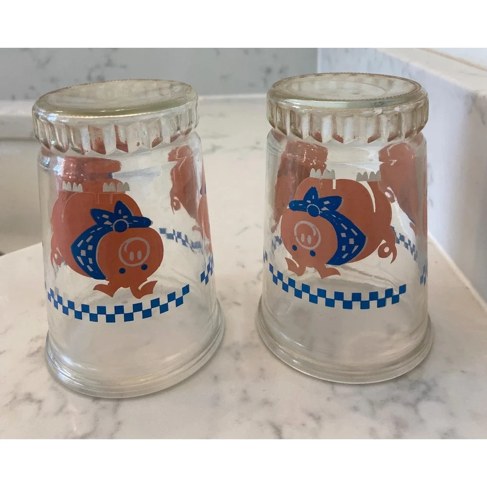 Vintage Bama Jelly Juice‎ Glasses with Little Pigs, set of 2