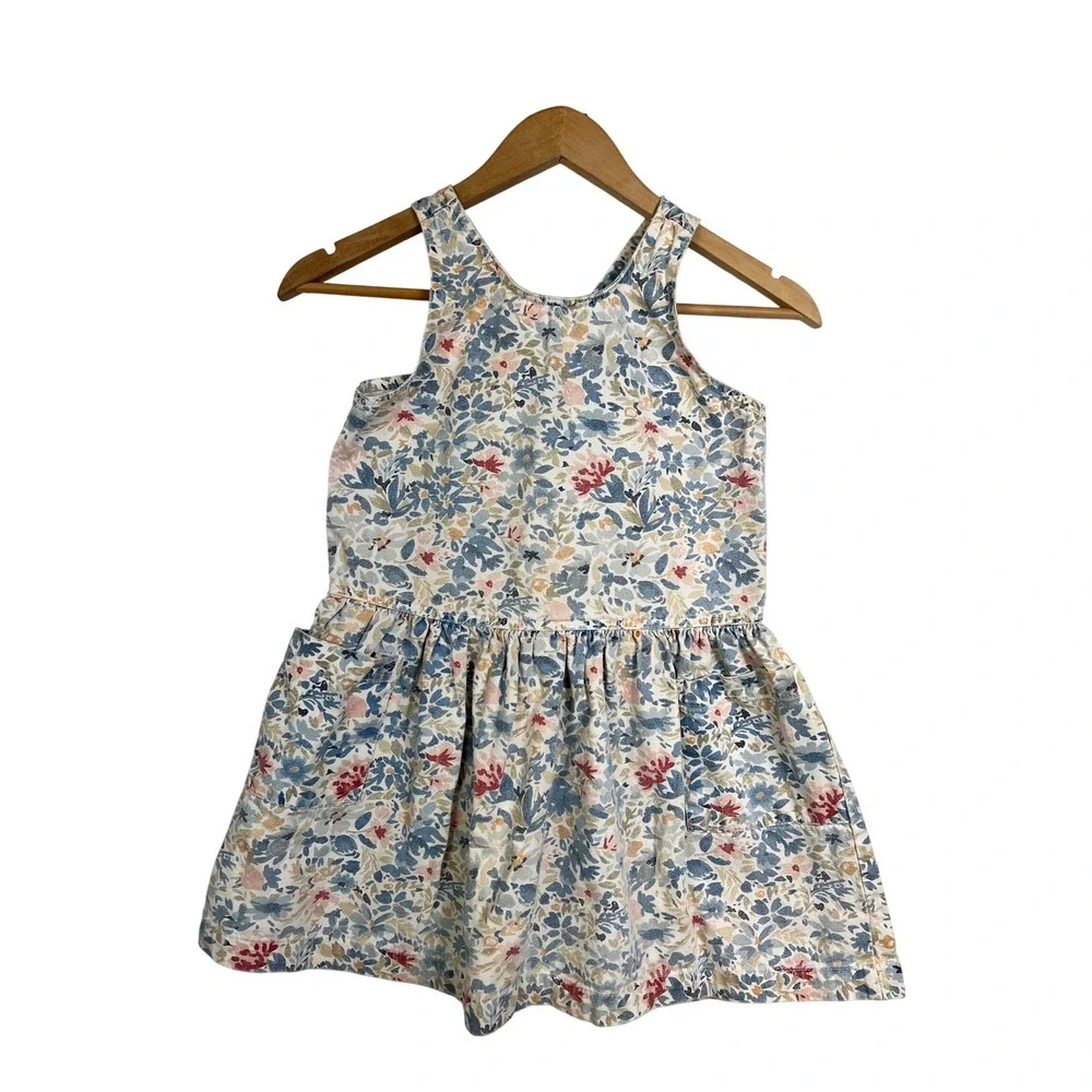 GAP Kids Girls‎ Floral Cotton Pinafore Dress Blue Red Tan Cross Back Size S 6-7