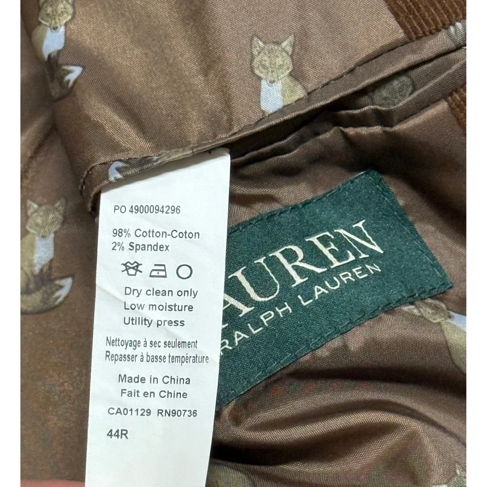 Ralph Lauren Mens Brown Corduroy Blazer‎ Fox Print Lining - Size 44R Elbow Patch