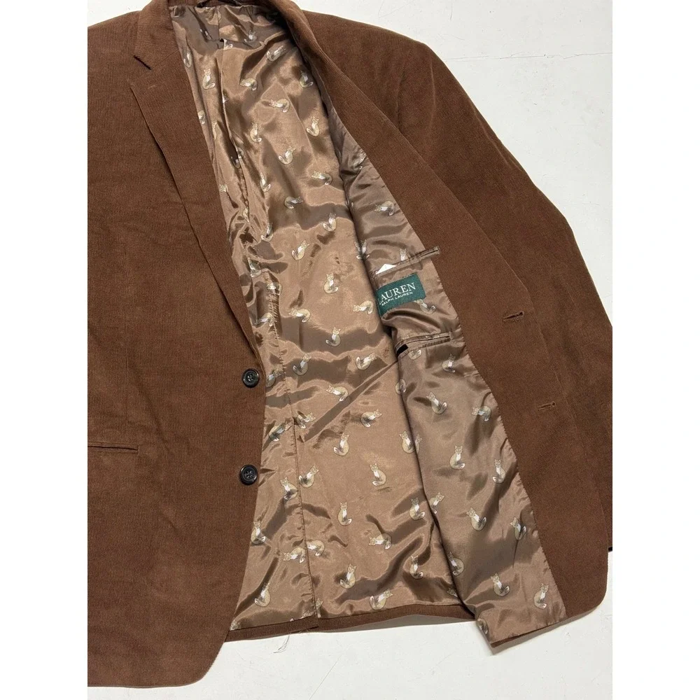Ralph Lauren Mens Brown Corduroy Blazer‎ Fox Print Lining - Size 44R Elbow Patch